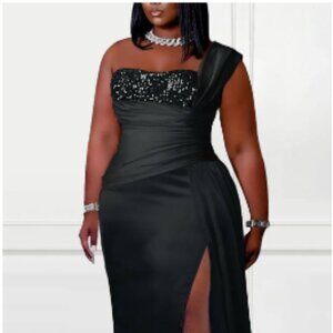 XPlusWear Plus Size Formal Satin One Shoulder Sequin High Split Maxi Dress